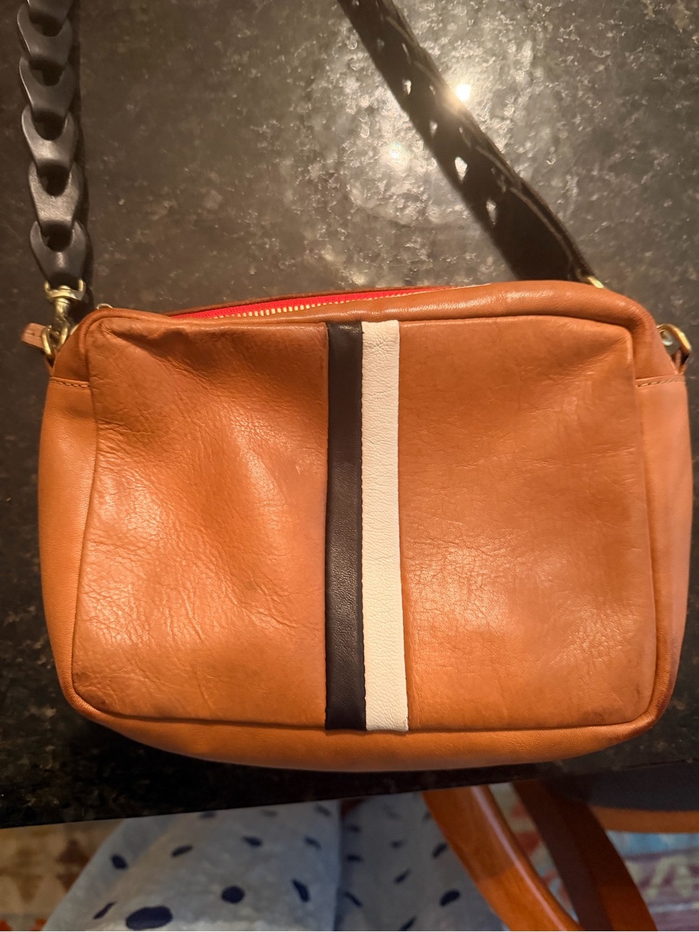 Clare V Leather Crossbody Bag in Tan with Contrast Stripe